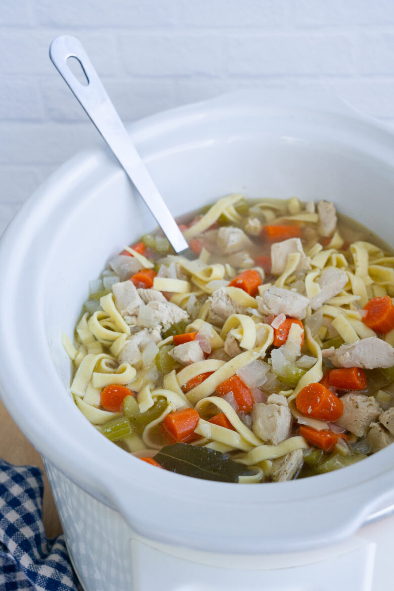 Chicken noodle soup in crockpot with ladle