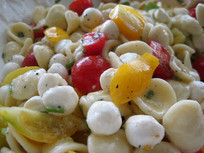 Orecchiette with Fresh Mozzarella, Pear Tomatoes and Garlic Chives