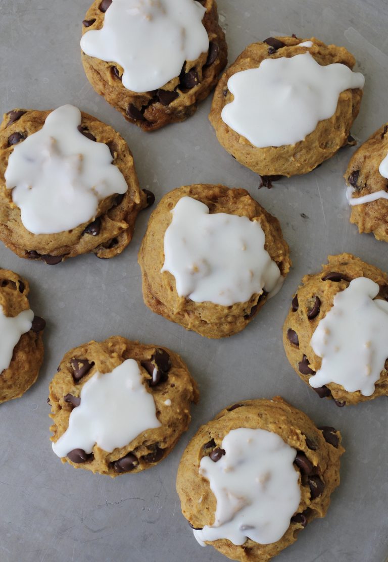 Pumpkin Chocolate Chip Cookies with Lemon Icing