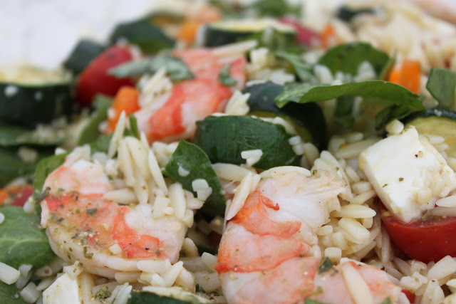 Orzo, Shrimp and Summer Vegetable Salad with Pesto Vinaigrette