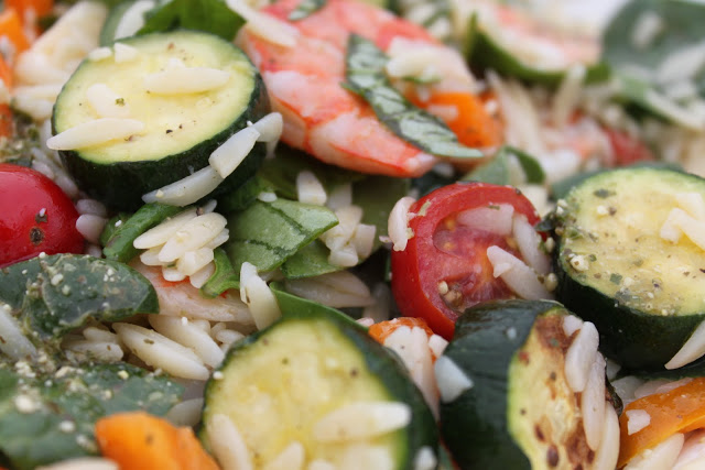 Orzo, Shrimp and Summer Vegetable Salad with Pesto Vinaigrette