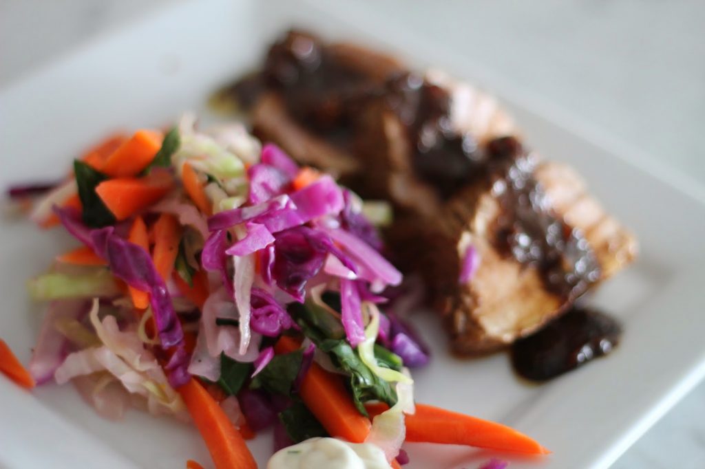 Pork Tenderloin with Sesame Ginger Glaze and Warm Cabbage Slaw