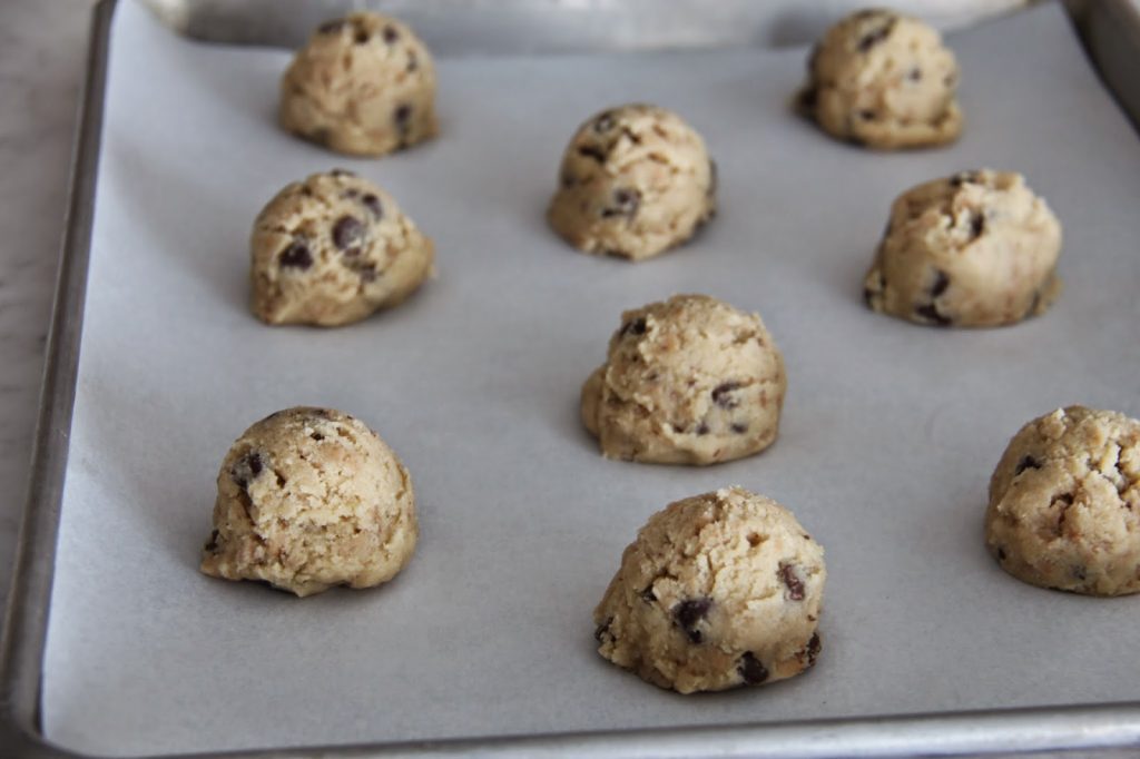 Toffee and Chocolate Chip Cookies with Salted Chocolate Drizzle