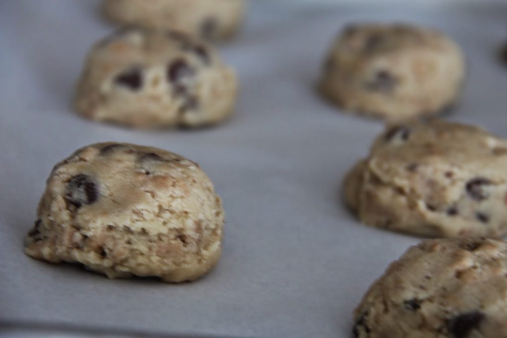 Toffee and Chocolate Chip Cookies with Salted Chocolate Drizzle