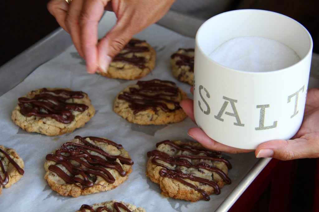 Toffee and Chocolate Chip Cookies with Salted Chocolate Drizzle