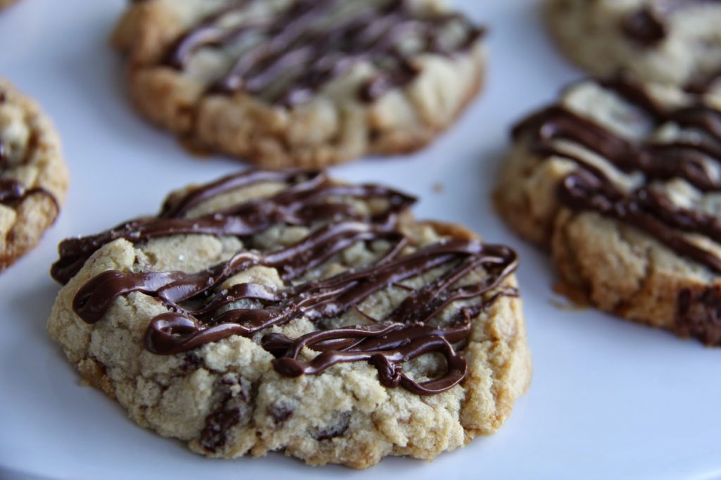 Toffee and Chocolate Chip Cookies with Salted Chocolate Drizzle