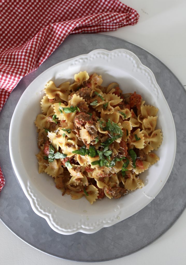 Bowtie Pasta with Sausage, Tomatoes and Cream | A Bountiful Kitchen