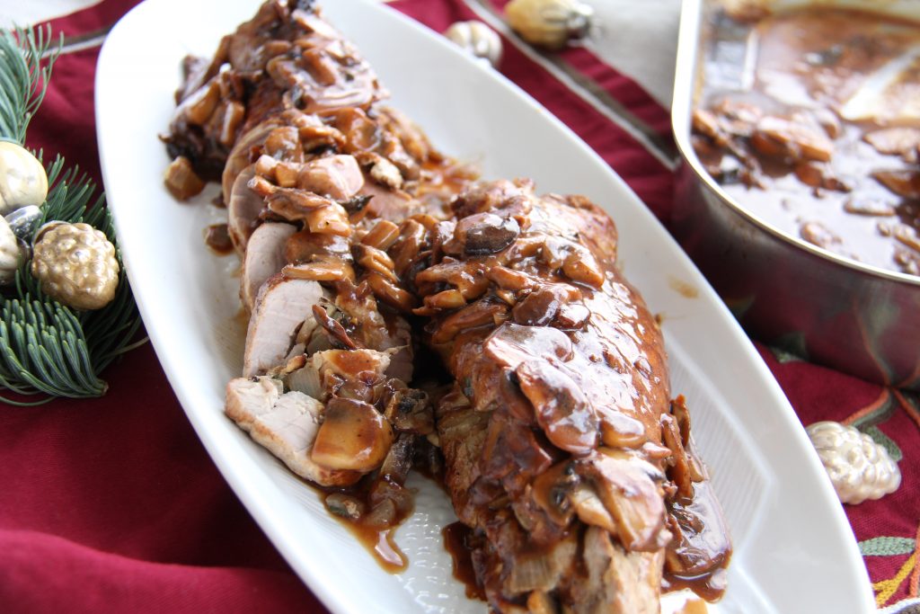 Stuffed Pork Tenderloin with Balsamic Mushroom Gravy