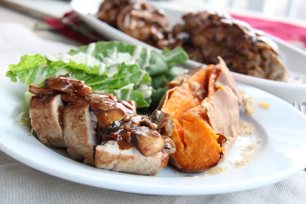 Stuffed Pork Tenderloin with Balsamic Mushroom Gravy