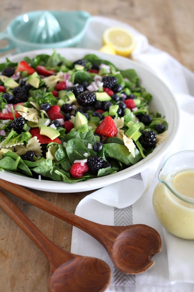 Springtime Spinach, Kale and Pasta Salad with Creamy Citrus Dressing