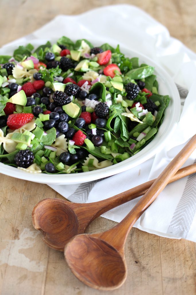 Springtime Spinach, Kale and Pasta Salad with Creamy Citrus Dressing