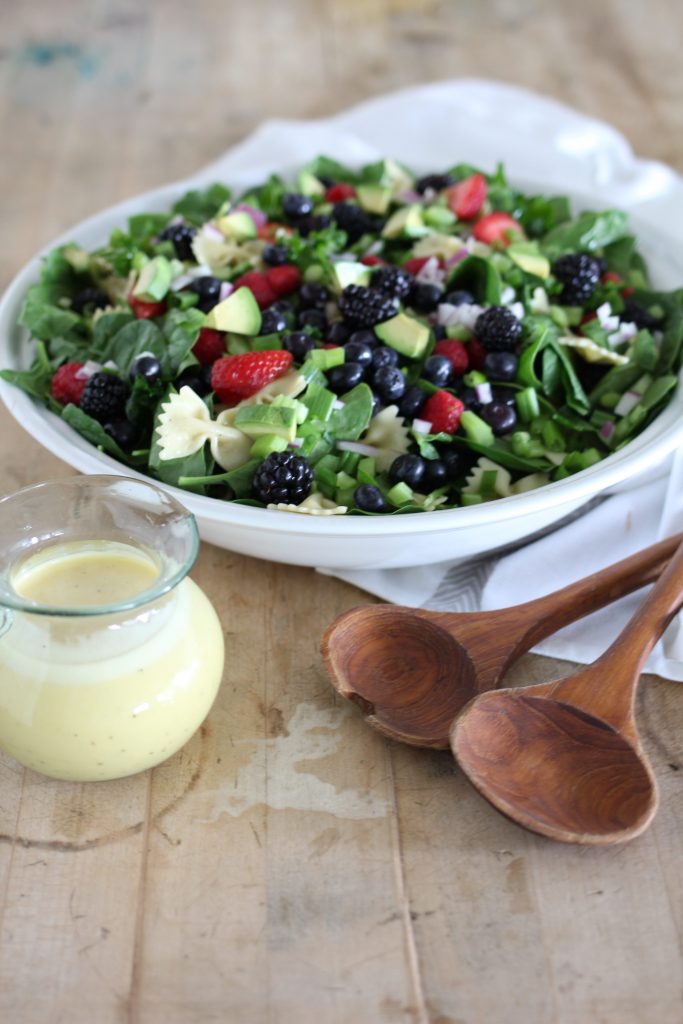 Springtime Spinach, Kale and Pasta Salad with Creamy Citrus Dressing