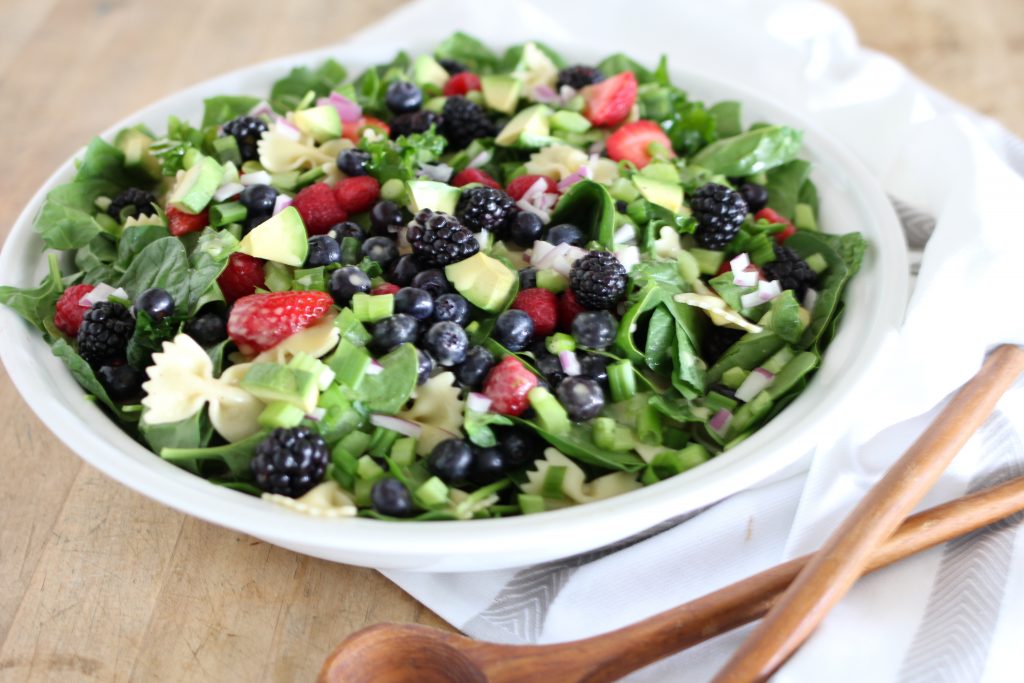 Springtime Spinach, Kale and Pasta Salad with Creamy Citrus Dressing