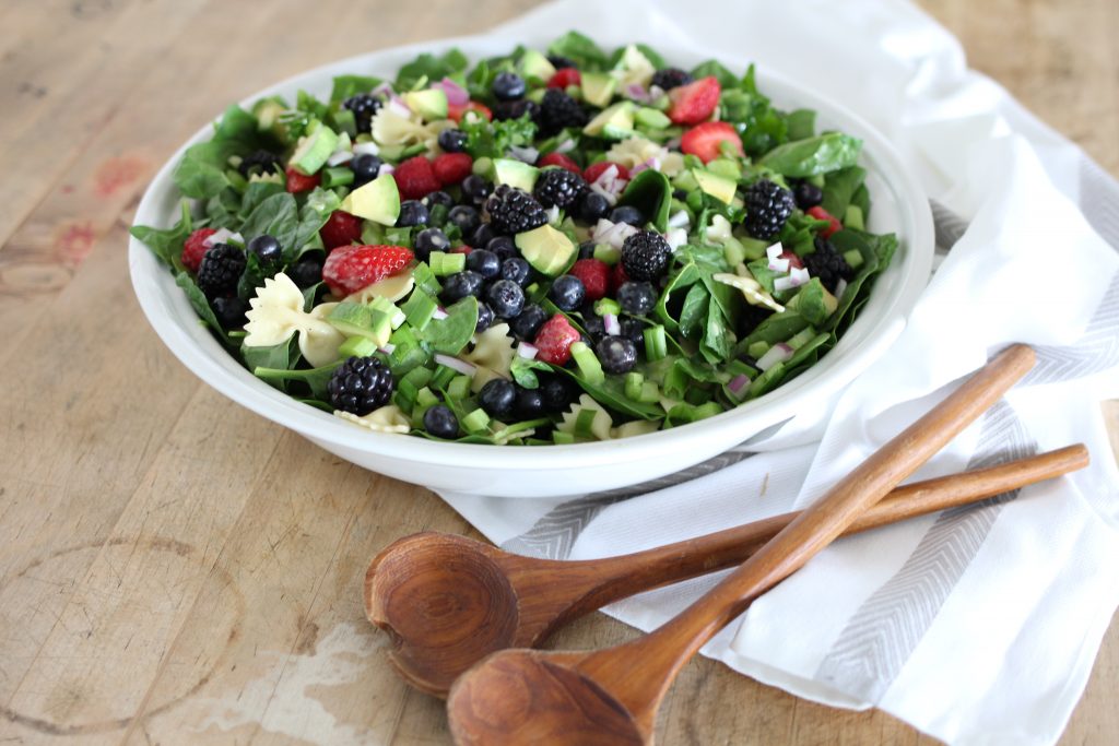 Springtime Spinach, Kale and Pasta Salad with Creamy Citrus Dressing