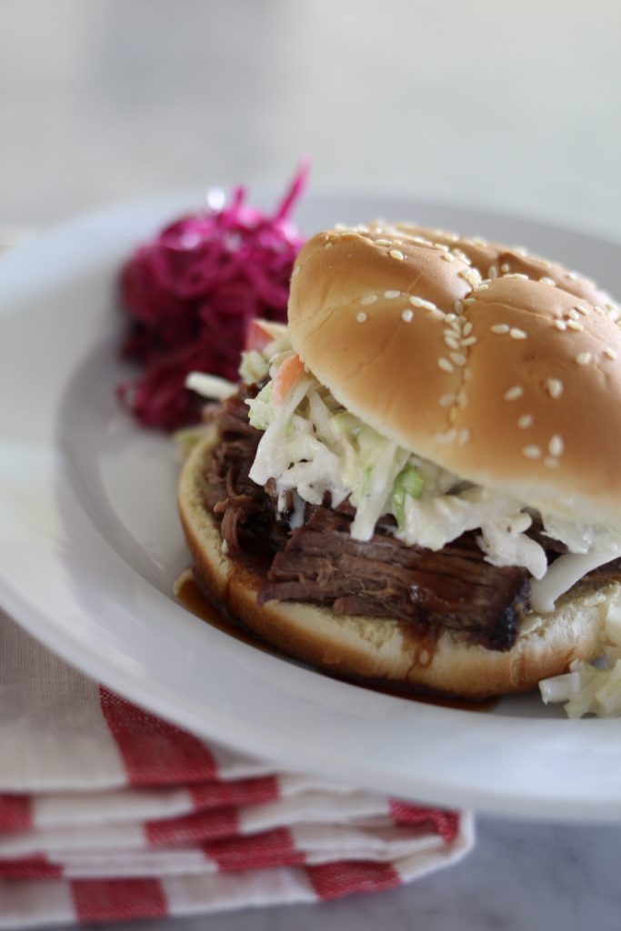 Slow Cooked Beef with Apple Cider BBQ Sauce & Pickled Purple Cabbage