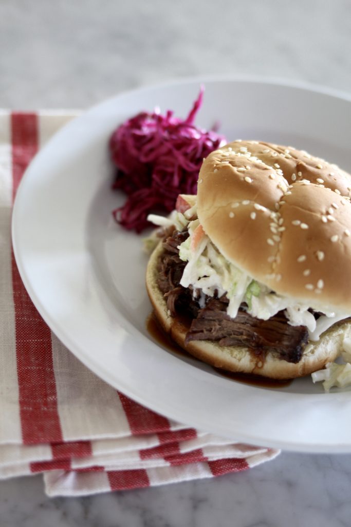 Slow Cooked Beef with Apple Cider BBQ Sauce & Pickled Purple Cabbage