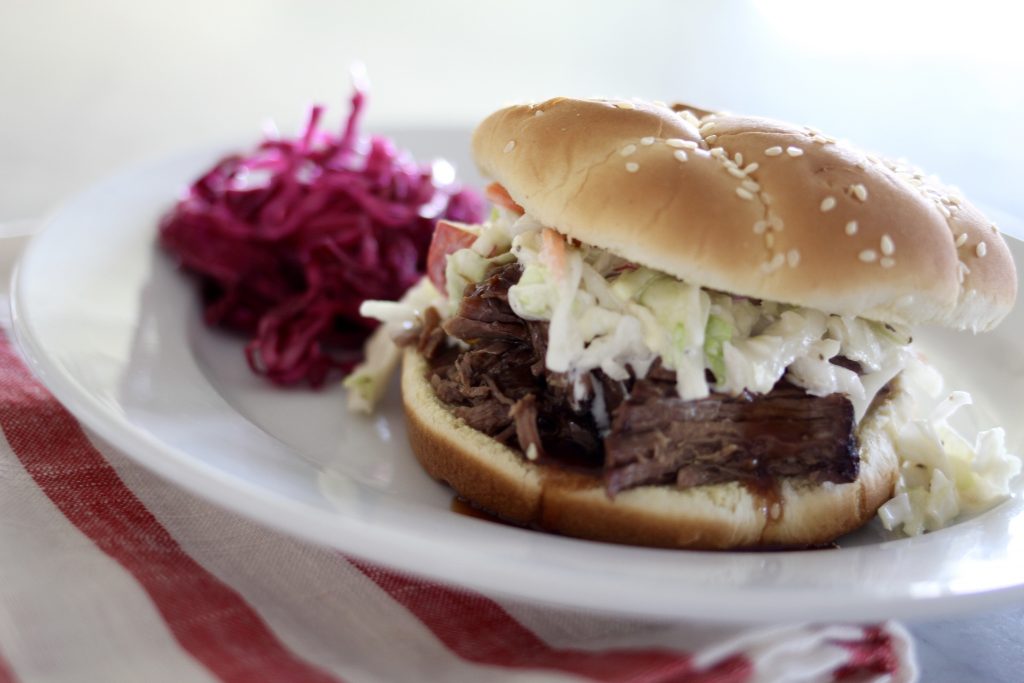 Slow Cooked Beef with Apple Cider BBQ Sauce & Pickled Purple Cabbage