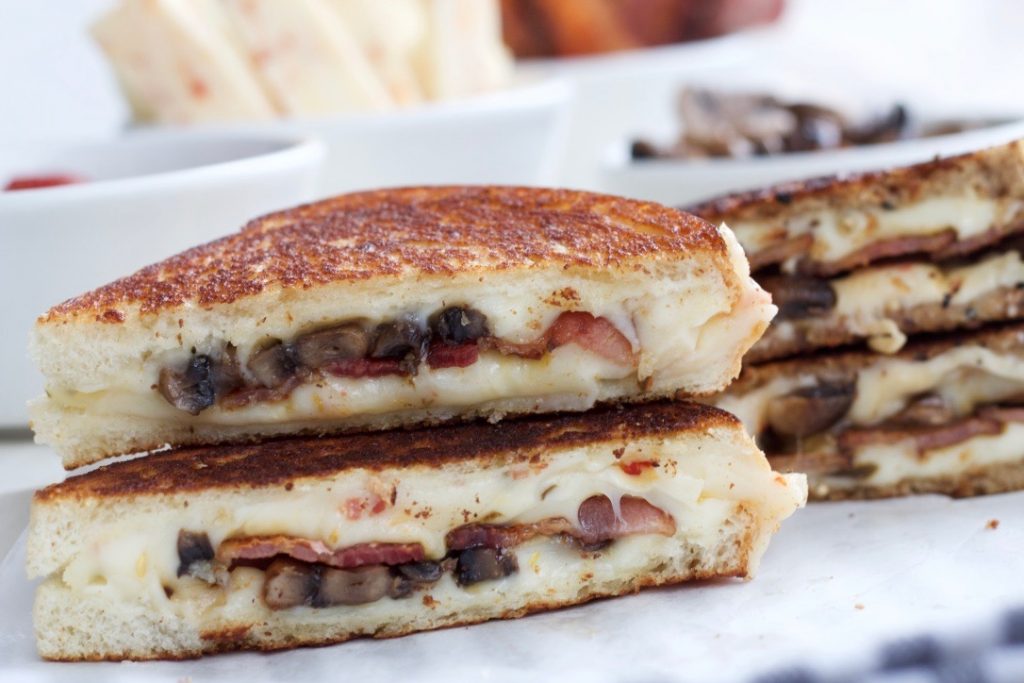 Spicy Asiago, Bacon and Sautéed Mushroom Grilled Cheese with Homemade Tomato Jam 