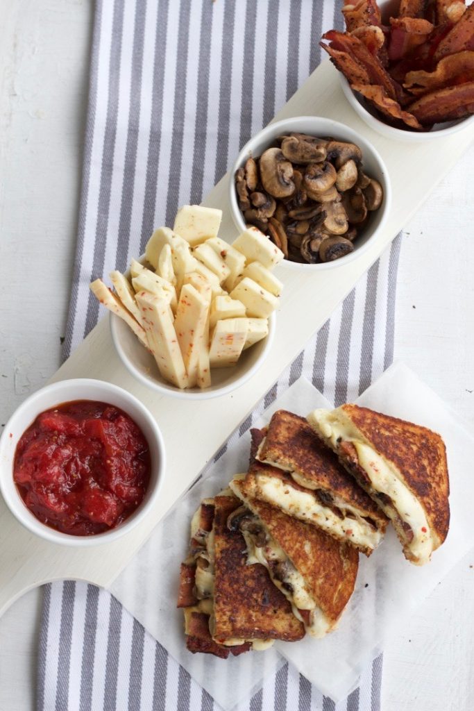 Spicy Asiago, Bacon and Sautéed Mushroom Grilled Cheese with Homemade Tomato Jam 