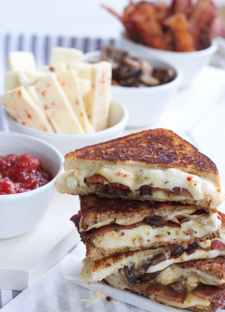 Spicy Asiago, Bacon and Sautéed Mushroom Grilled Cheese with Homemade Tomato Jam 