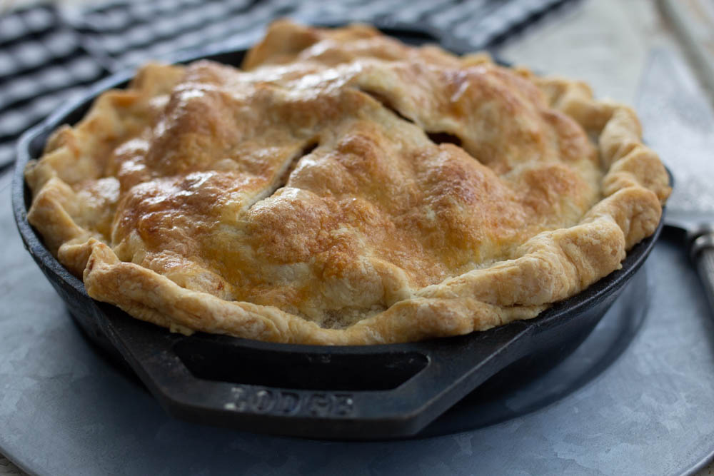 Apple pie baked in cast iron skillet