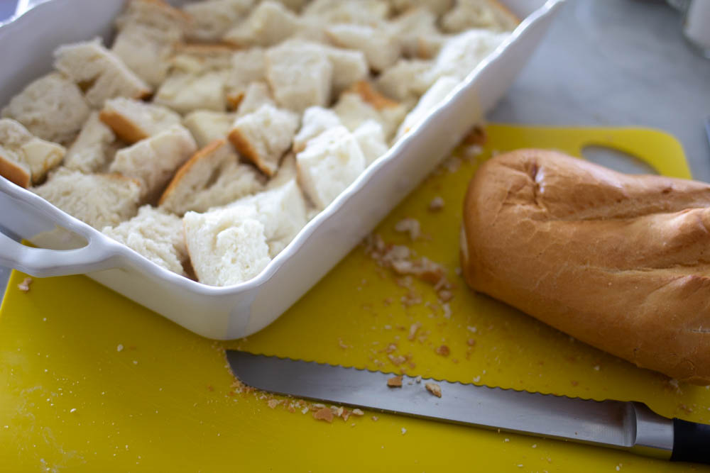 Cut up bread for breakfast casserole