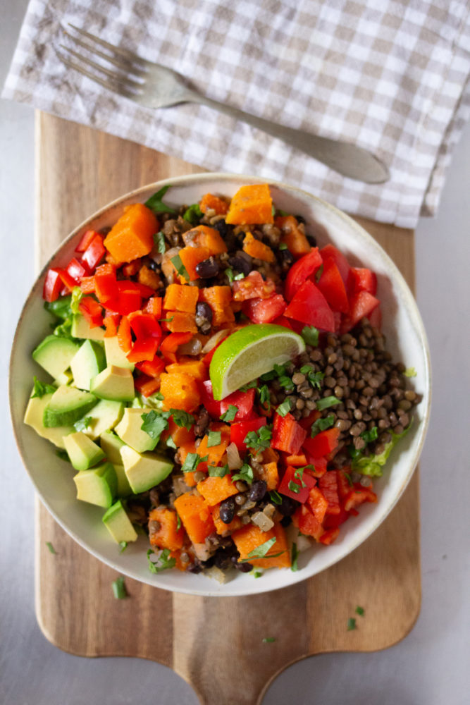 Sweet Potato, Lentil and Black Bean Taco Bowls