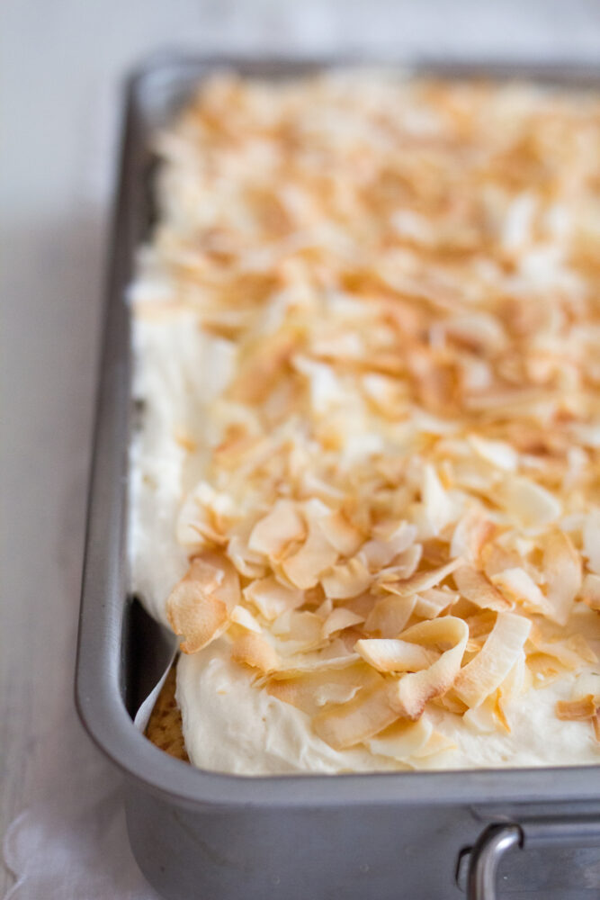 Coconut cake with toasted coconut on top