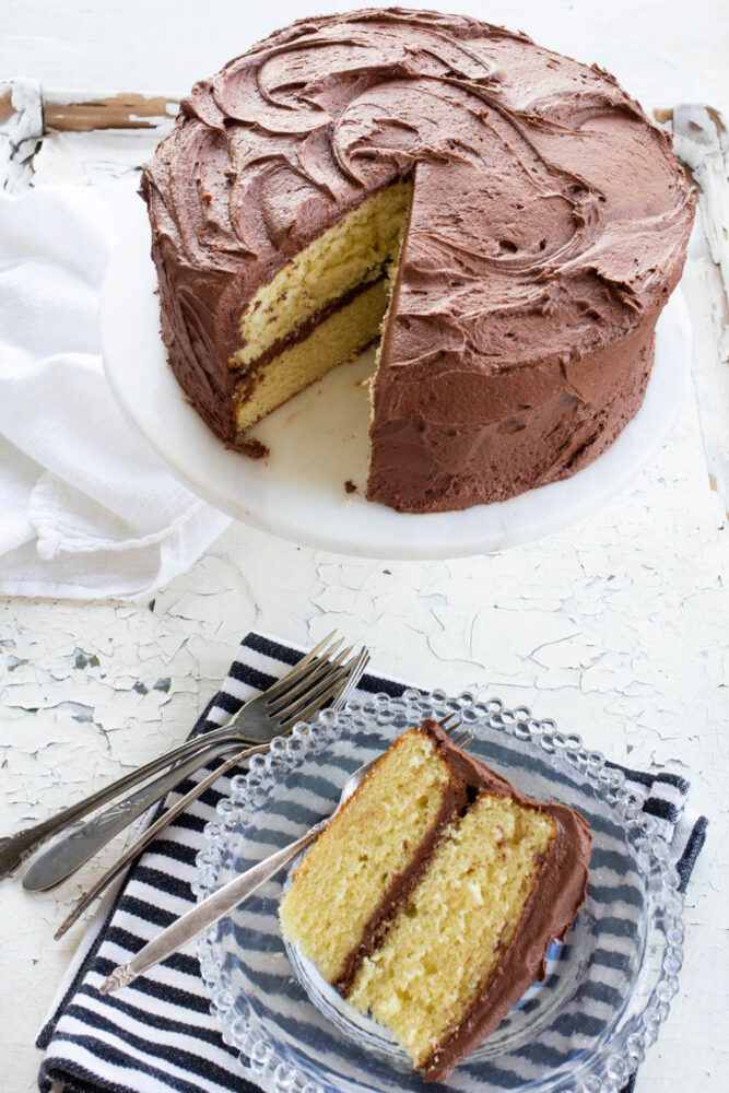 The Best Yellow Cake with Chocolate Frosting