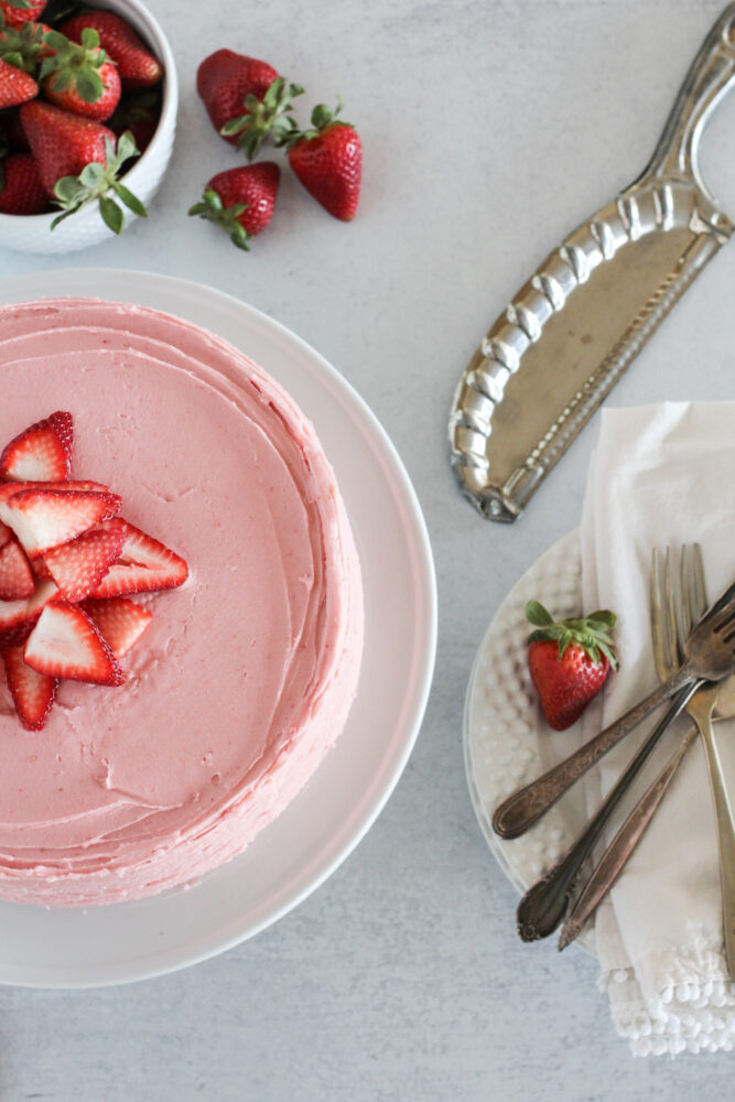 Strawberry Cake with freeze dried strawberries in frosting