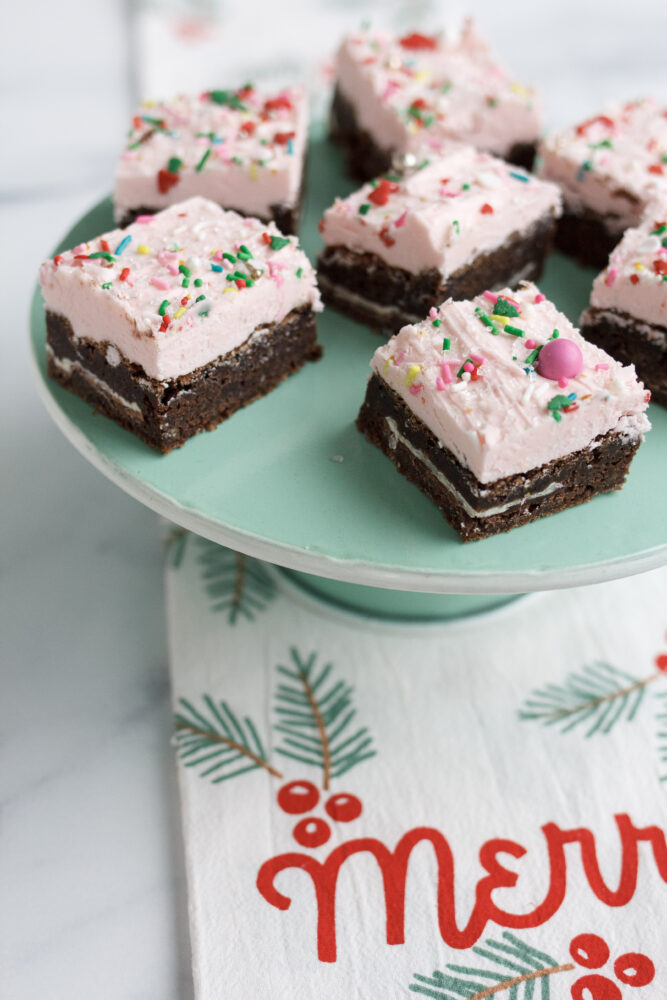 Pink Peppermint Christmas Brownies with White Chocolate Frosting