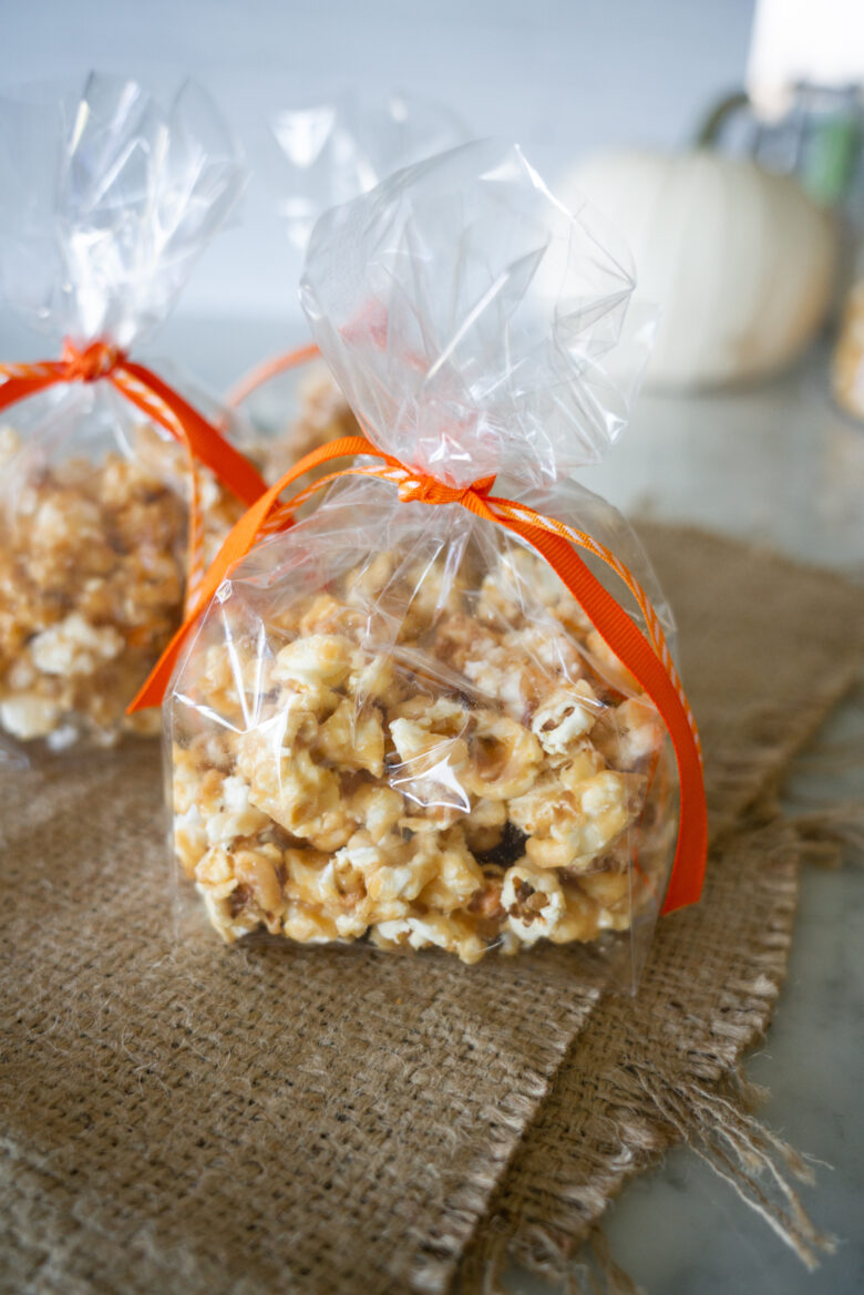 The Very Best Crunchy Caramel Corn in cellophane  bags with ribbon